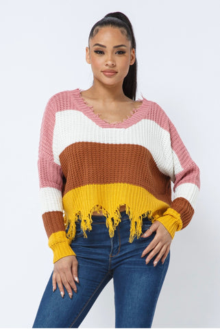 Color Block Distressed Sweater- Pink